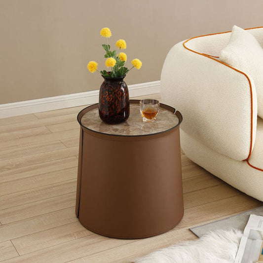 21 Contemporary Saddle Leather Drum-shaped Coffee Table with Brown Marble Top