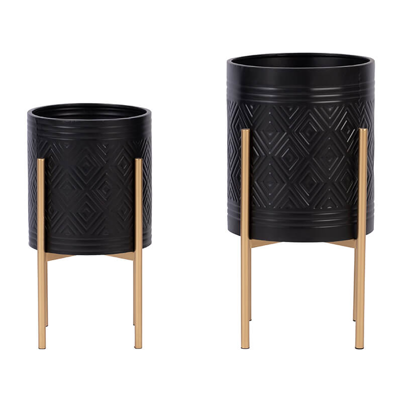 23 Black Aztec Planter On Metal Stand - Set of 2