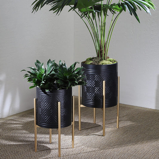 23 Black Aztec Planter On Metal Stand - Set of 2