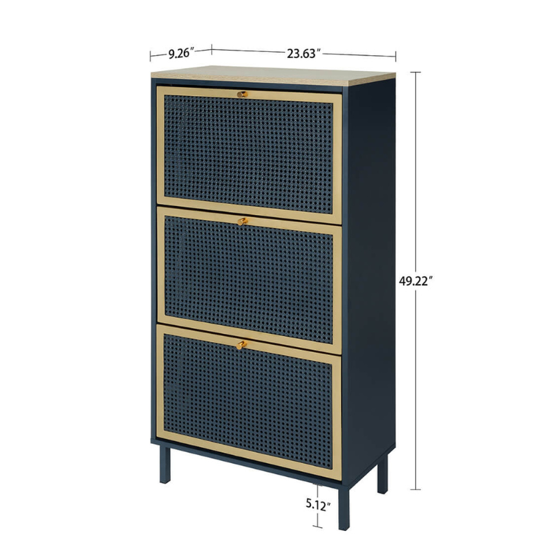 23" Blue Rattan Shoe Rack with 3 Flip Doors