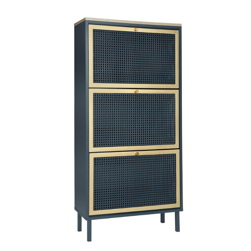 23" Blue Rattan Shoe Rack with 3 Flip Doors