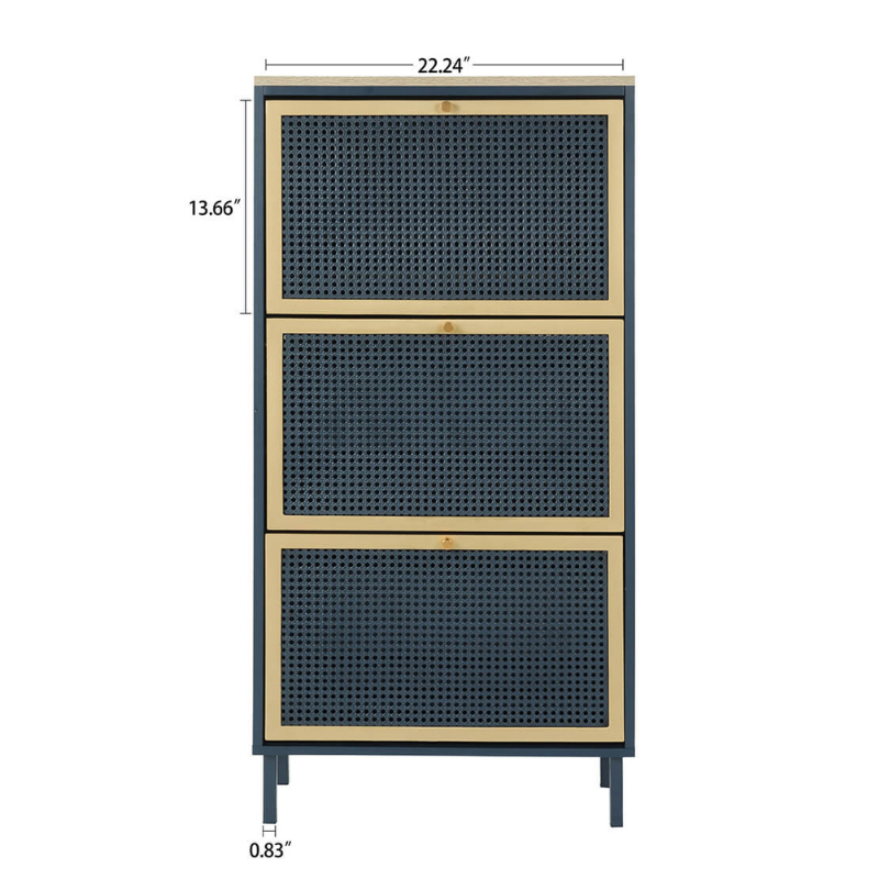 23" Blue Rattan Shoe Rack with 3 Flip Doors