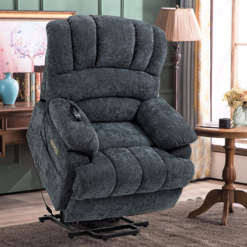 23" Large Blue-Gray Chenille Power Lift Recliner Chair 