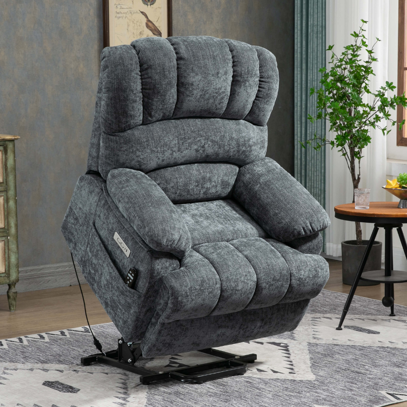 23" Large Blue-Gray Chenille Power Lift Recliner Chair with 8-Point Vibration Massage and Lumbar Heating