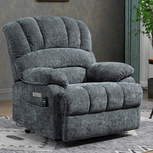 23" Large Blue-Gray Chenille Power Lift Recliner Chair with 8-Point Vibration Massage and Lumbar Heating