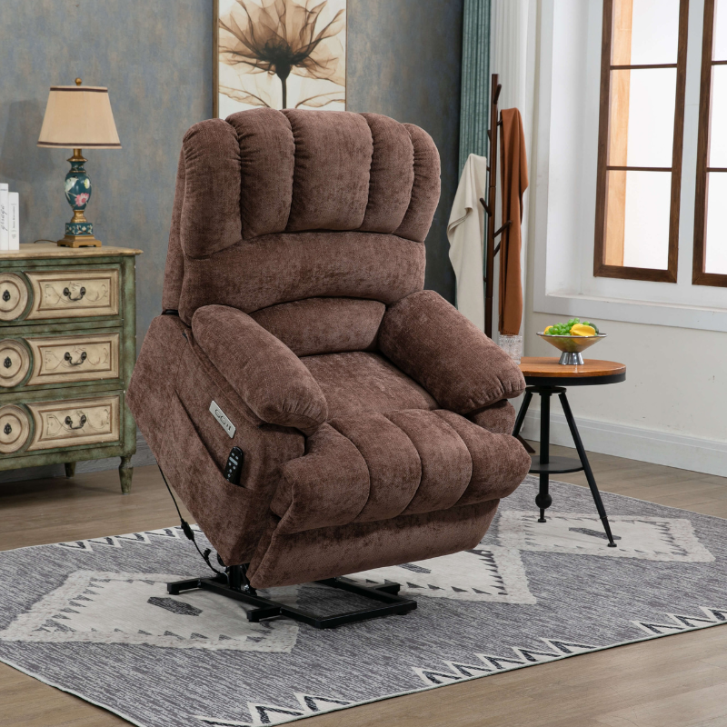 23" Large Brown Chenille Power Lift Recliner Chair with 8-Point Vibration Massage and Lumbar Heating