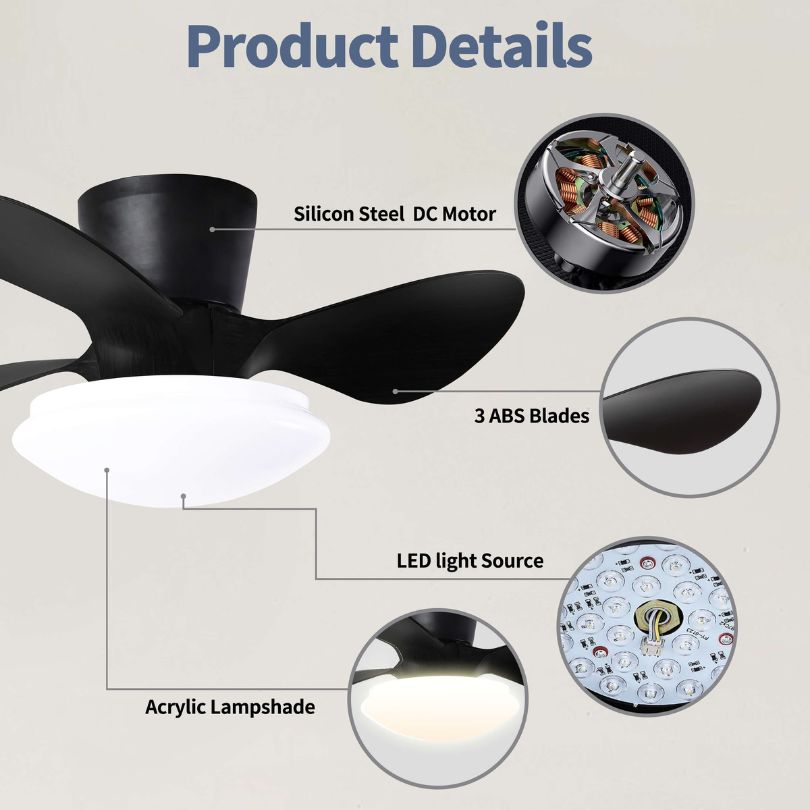 24" Black Ceiling Fan with Dimmable Flush Light and 3 Blades