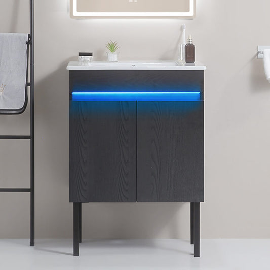 24" Black Floating and Freestanding Bathroom Vanity with Radar Sensing Light and Removable Metal Legs