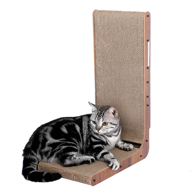 24" Brown L-Shaped Cat Scratcher Cardboard Lounge Bed with Built-in Cat Toys Ball Track