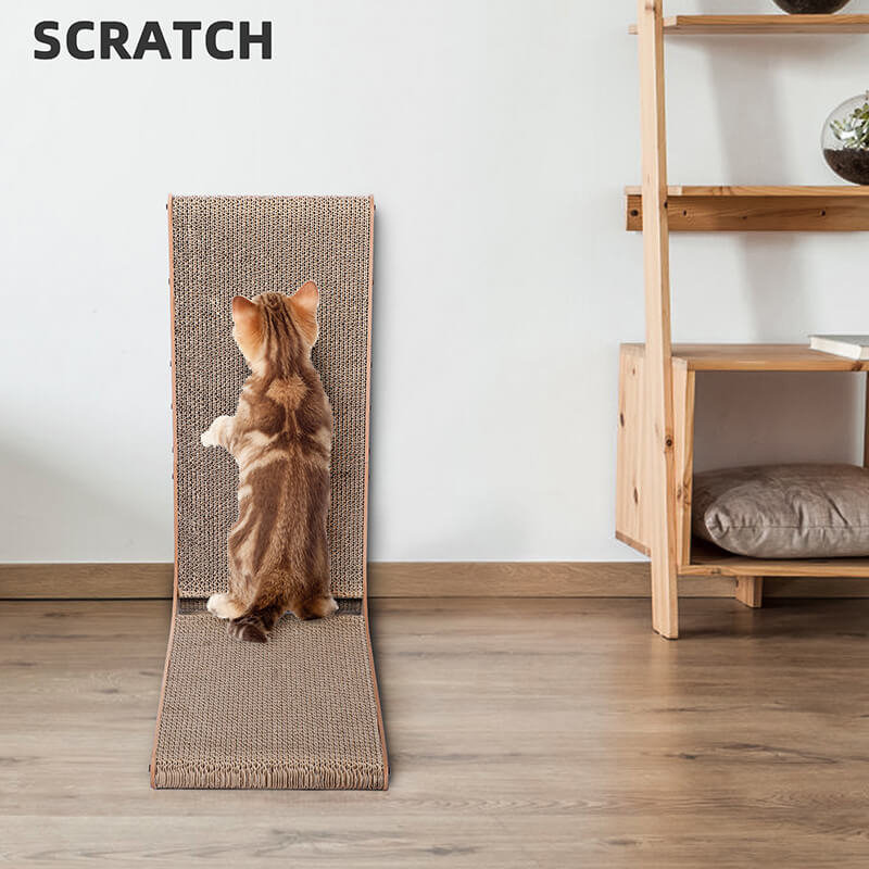 24" Brown L-Shaped Cat Scratcher Cardboard Lounge Bed with Built-in Cat Toys Ball Track