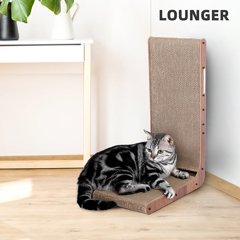 24" Brown L-Shaped Cat Scratcher Cardboard Lounge Bed with Built-in Cat Toys Ball Track