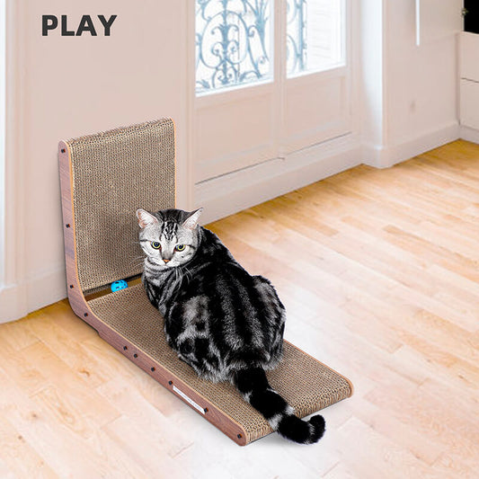 24" Brown L-Shaped Cat Scratcher Cardboard Lounge Bed with Built-in Cat Toys Ball Track