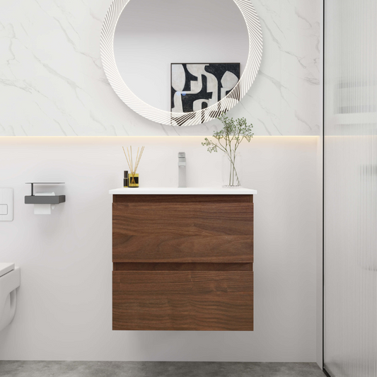 24" Brown Oak Bathroom Vanity with White Gel Basin Top