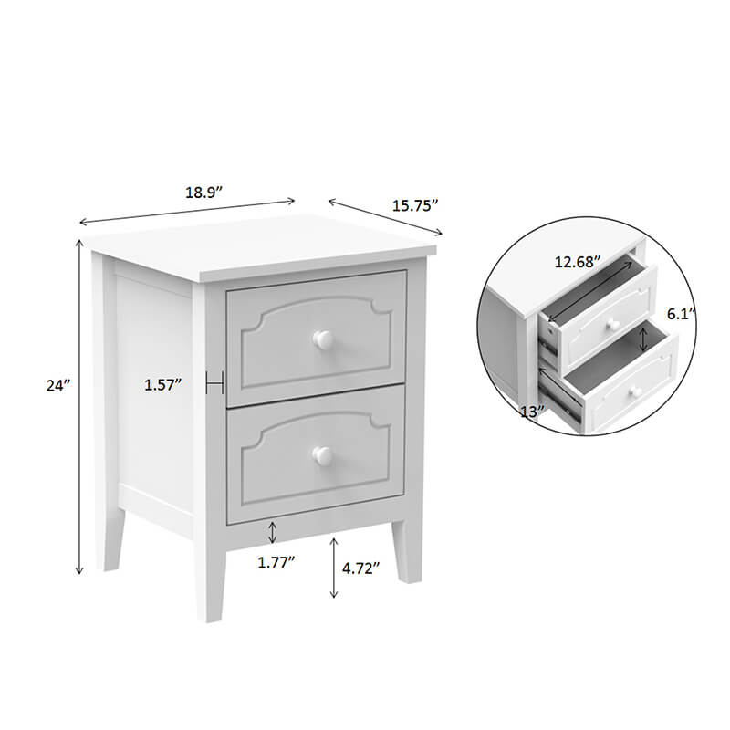 24" Contemporary Roman-Style White Wooden Nightstand - 2 Drawers