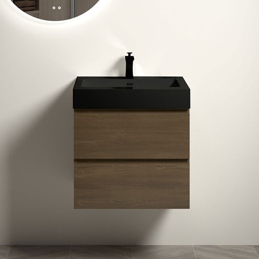 24" Dark Oak Floating Bathroom Vanity with Black Sink & 2 Drawers