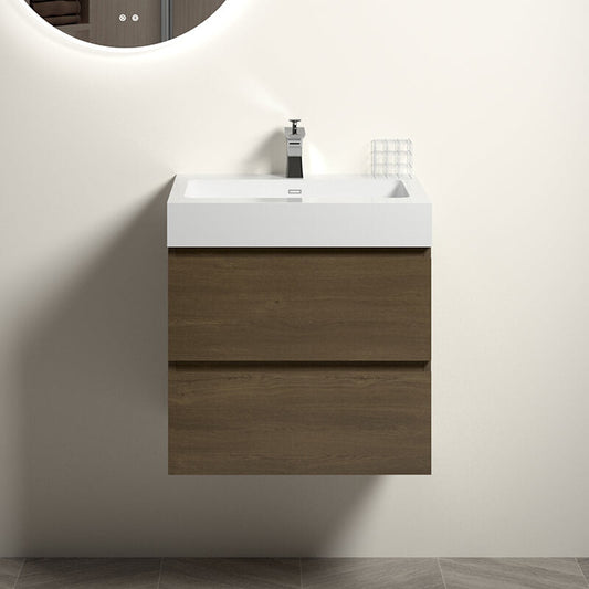 24" Dark Oak Floating Bathroom Vanity with White Sink & 2 Drawers