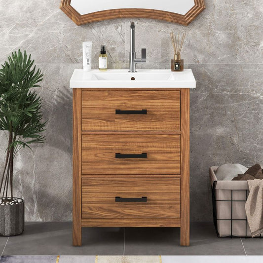 24" Freestanding Brown Bathroom Vanity with 3-Drawers