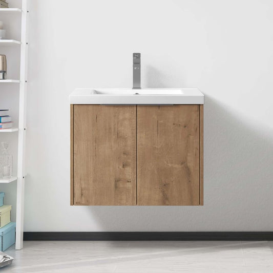 24" Imitative Oak Floating Bathroom Cabinet - with Resin sink and Soft Closing door