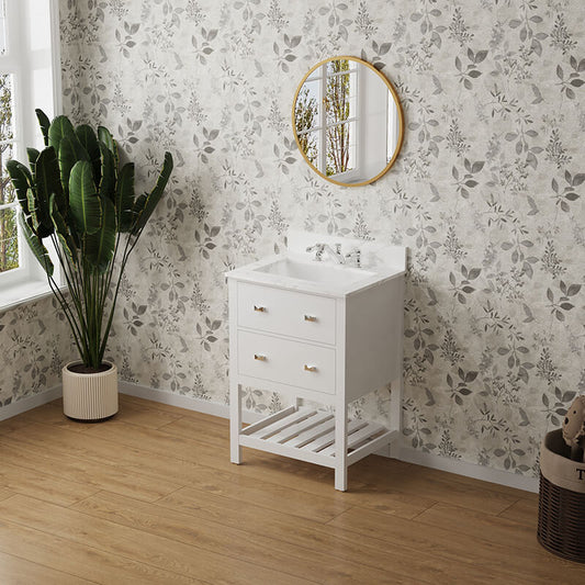 24" Mid-Century White Bathroom Vanity Combo Set with Marble Countertop and 2 Storage Drawers