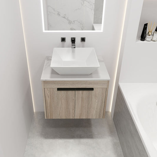 24" Modern White Oak Floating Bathroom Vanity With Square Ceramic Basin Set