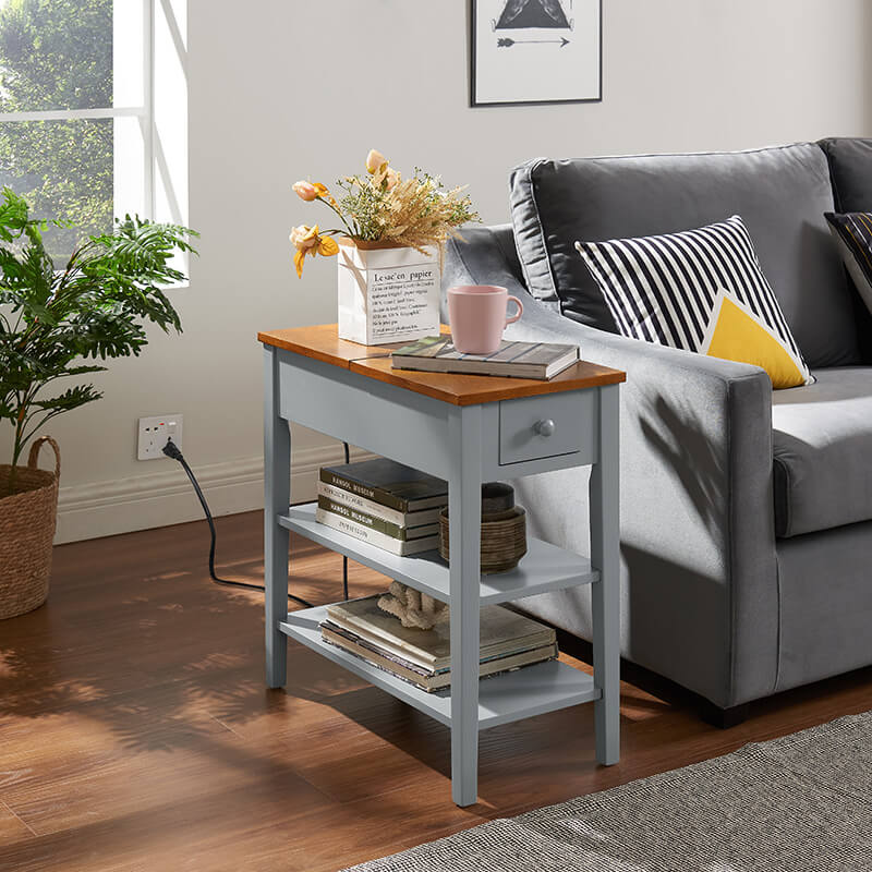 a gray and walnut wood end table with a flip-top design, and USB charging ports in a modern setting.