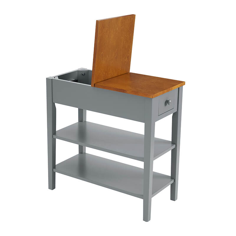 a white and walnut wood end table with a flip-top design in a white background.