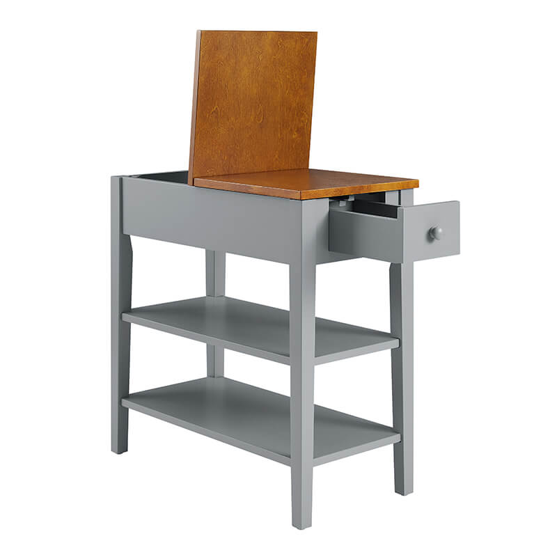 a solid wood end table with an opened drawer in a white background.