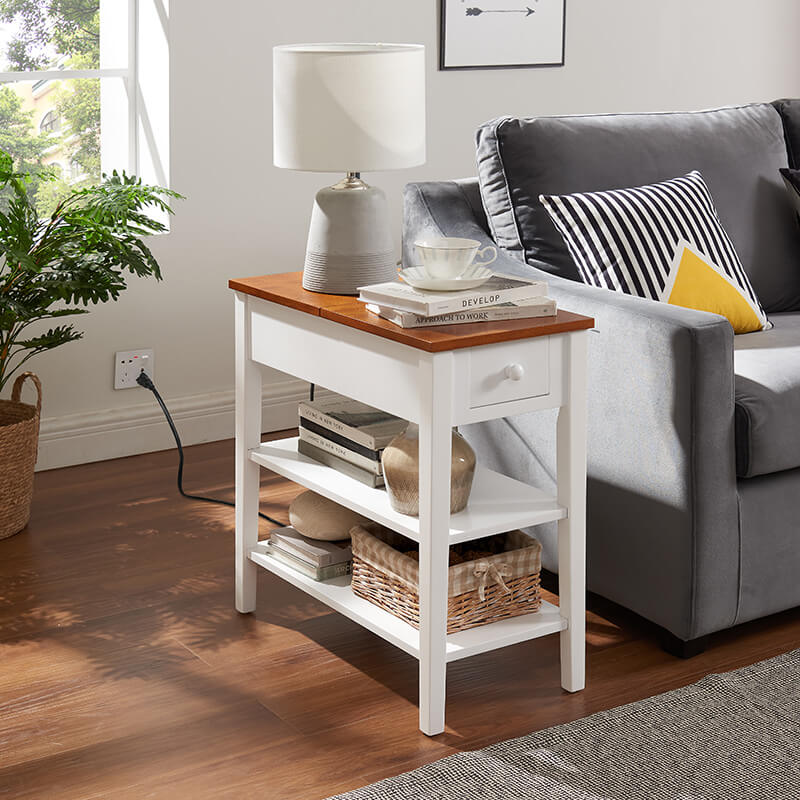 24" Narrow 2-Tone End Table with USB Charging Ports - White and Walnut