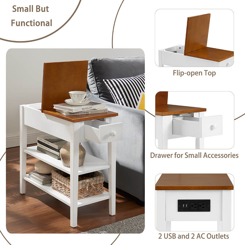 24" Narrow 2-Tone End Table with USB Charging Ports - White and Walnut