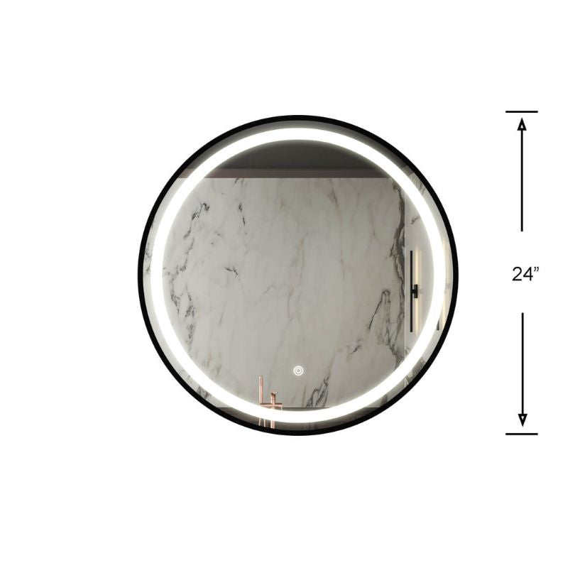 A dimension image of our 24" Round Black Metal-Frame LED Wall Switch Control Vanity Mirror