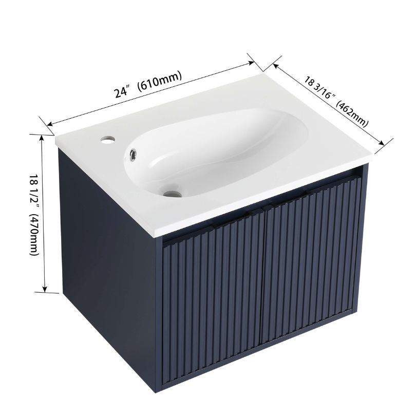 A dimension image of our 24 Navy Drop-Shaped Sink Floating Bathroom Vanity