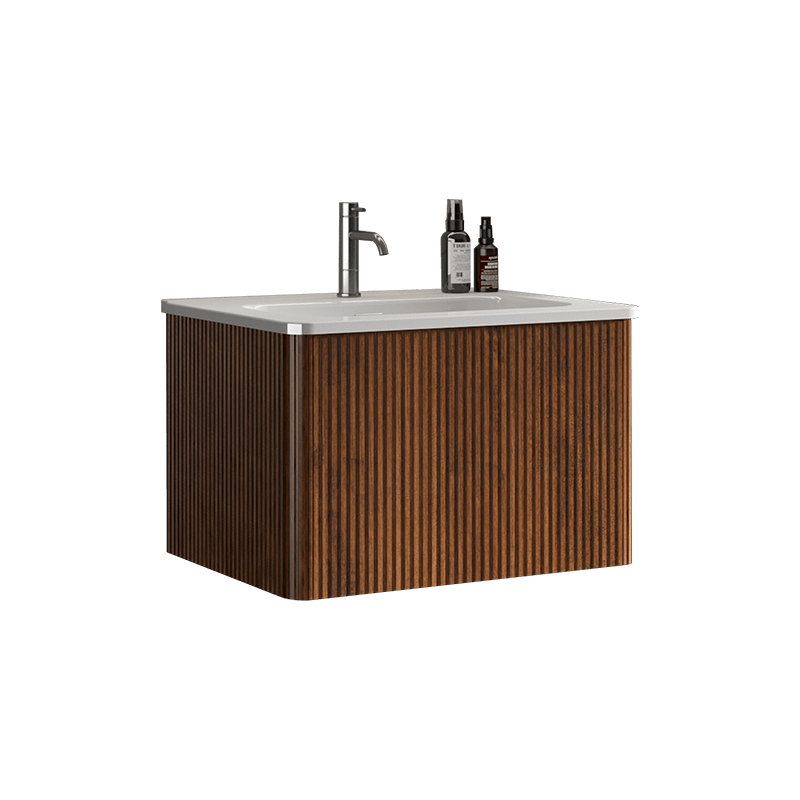 24" Etna Striped Walnut Texture Floating Bathroom Vanity with Push Open Drawer and Glossy Ceramic Sink