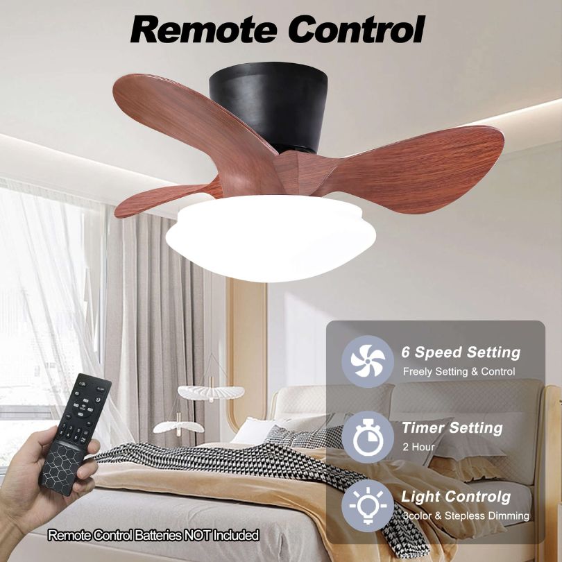 24" Walnut Ceiling Fan with Dimmable Flush Light and 3 Blades