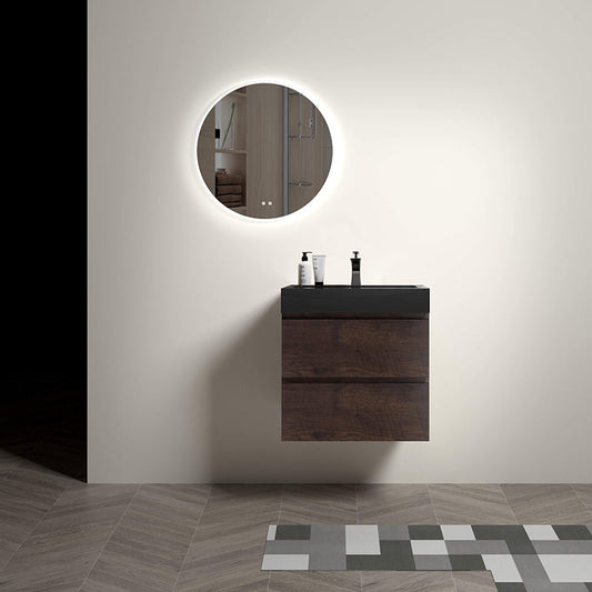 24 Walnut Floating Bathroom Vanity with Black Sink Storage