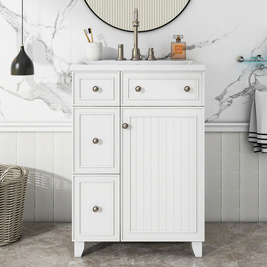 24" White Bathroom Vanity Cabinet with Integrated Resin Sink