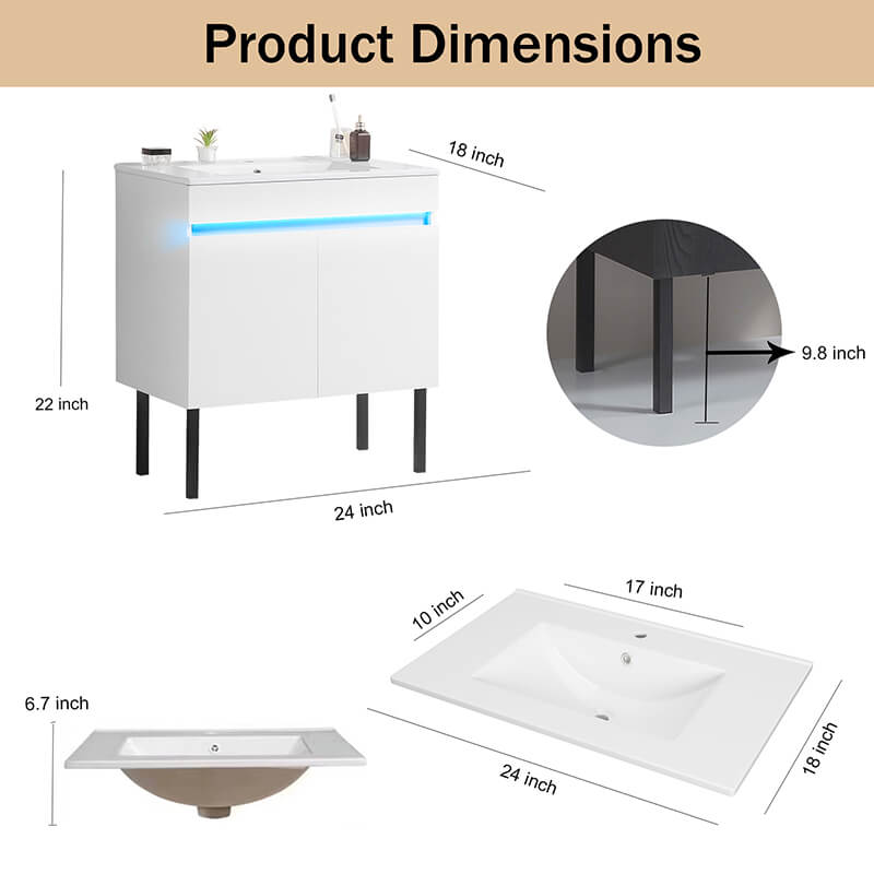 A dimension Image of the 24" White Floating and Freestanding Bathroom Vanity with Radar Sensing Light and Removable Metal Legs