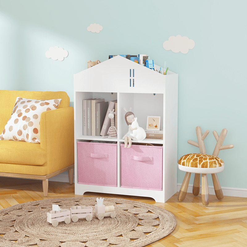 24" White & Pink Kids Dollhouse Bookcase with Toy Storage