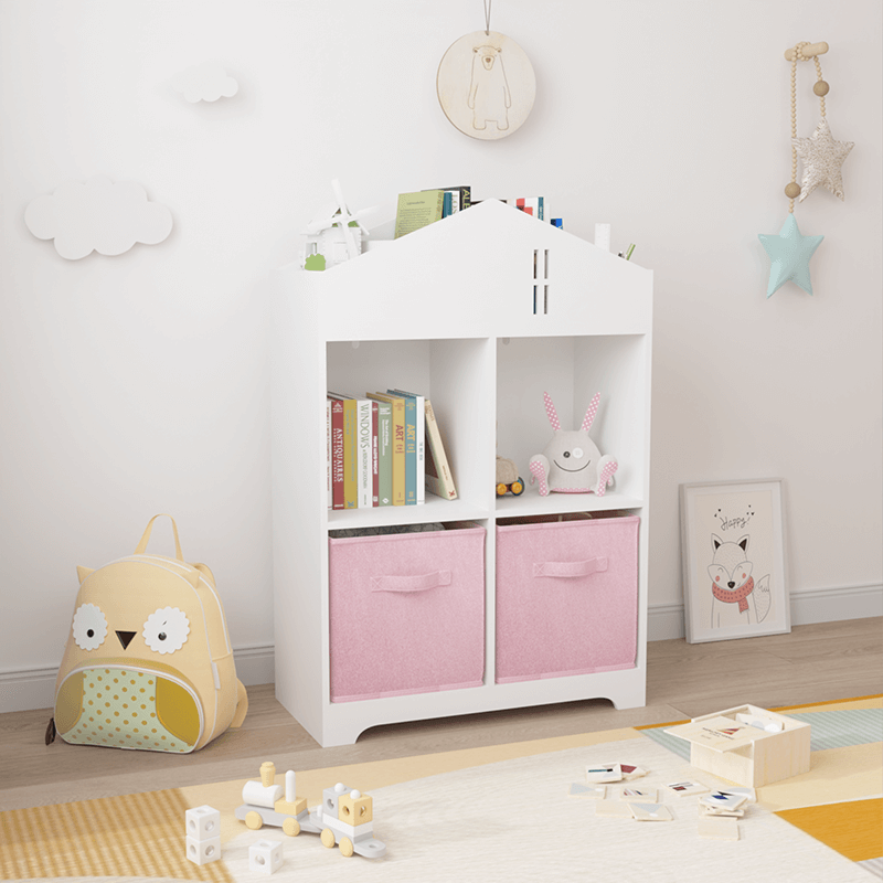 24" White & Pink Kids Dollhouse Bookcase with Toy Storage