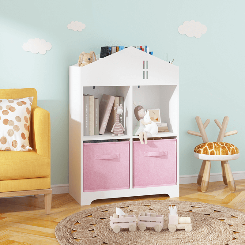 24" White & Pink Kids Dollhouse Bookcase with Toy Storage