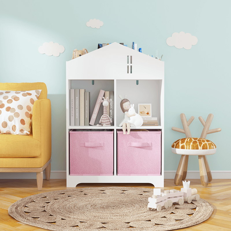 24" White & Pink Kids Dollhouse Bookcase with Toy Storage