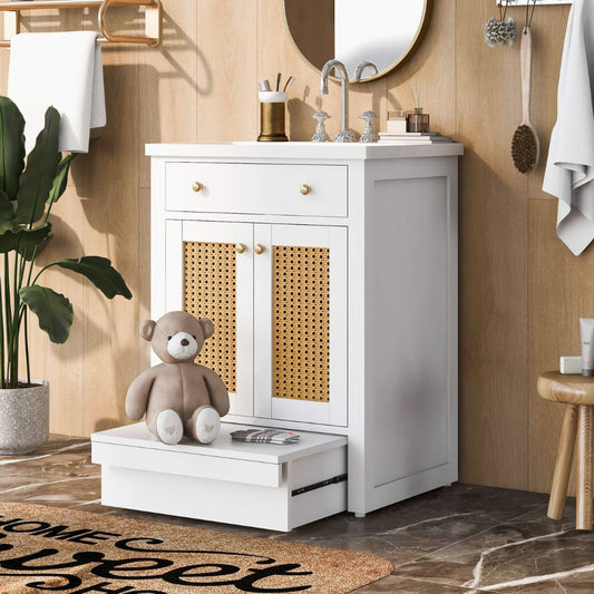 24" White and Rattan Bathroom Vanity with Pull-out Footrest