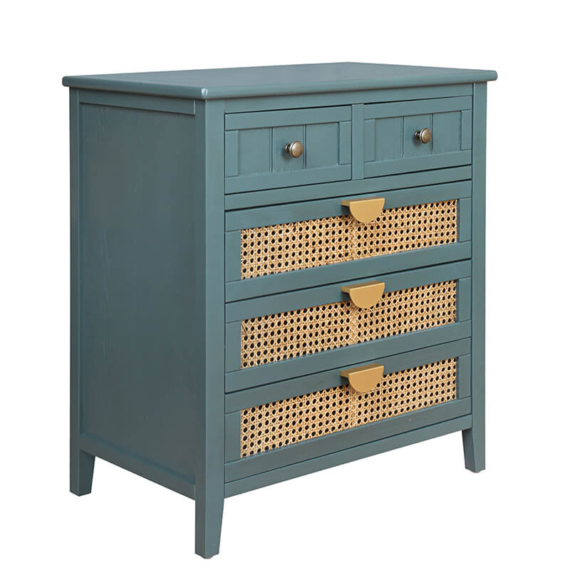 25.5" Dark Green Rattan Cabinet with 5-Drawers