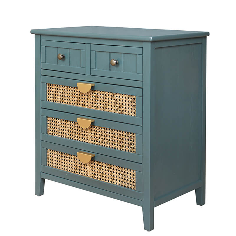 25.5" Dark Green Rattan Cabinet with 5-Drawers