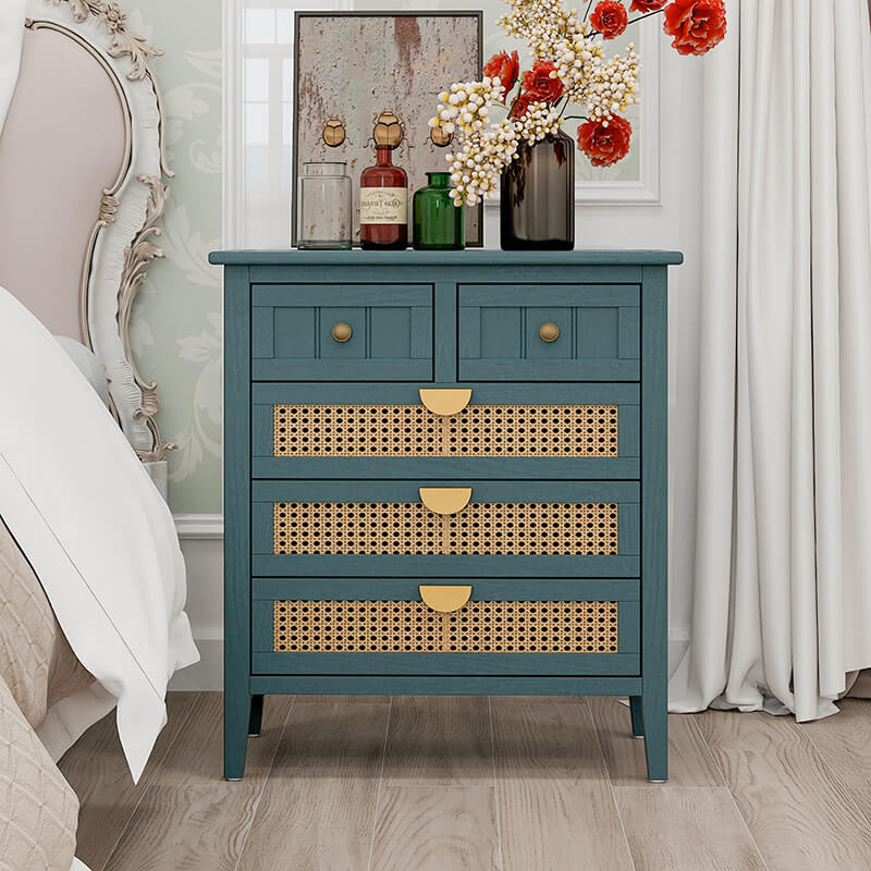 25.5" Dark Green Rattan Cabinet with 5-Drawers