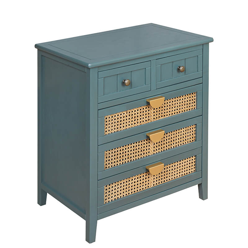 25.5" Dark Green Rattan Cabinet with 5-Drawers