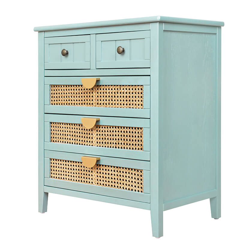 25.5" Light Green Rattan Cabinet with 5-Drawers