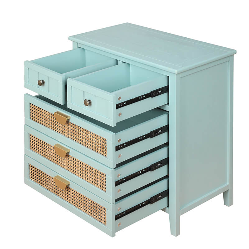 25.5" Light Green Rattan Cabinet with 5-Drawers