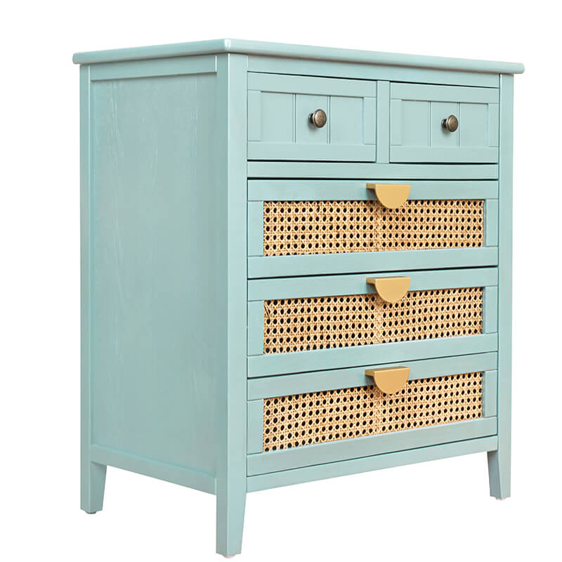 25.5" Light Green Rattan Cabinet with 5-Drawers