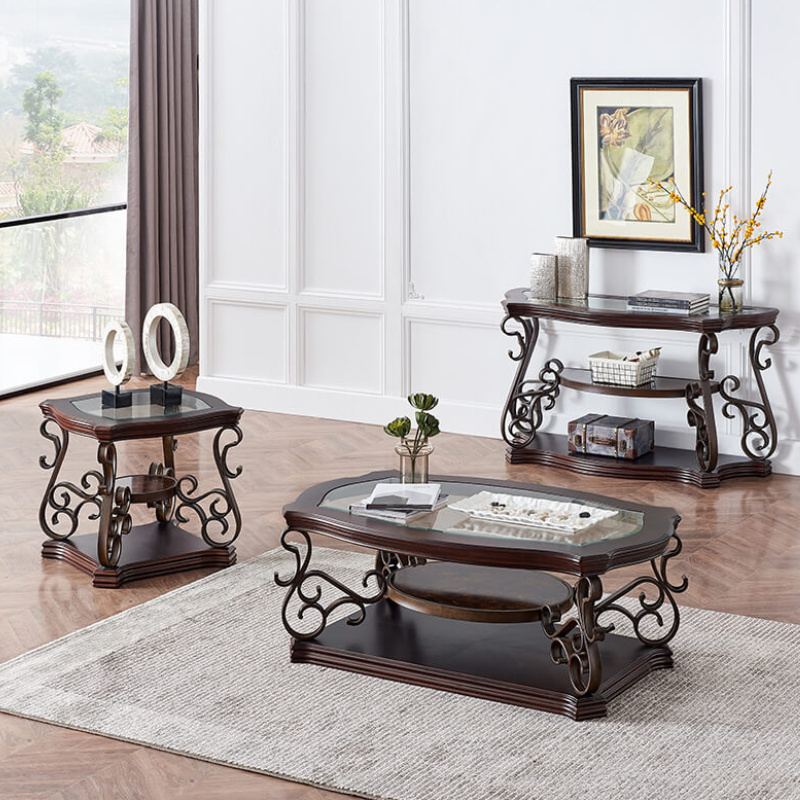 26.3" Traditional End Table with Tempered Glass Top and Middle Shelf