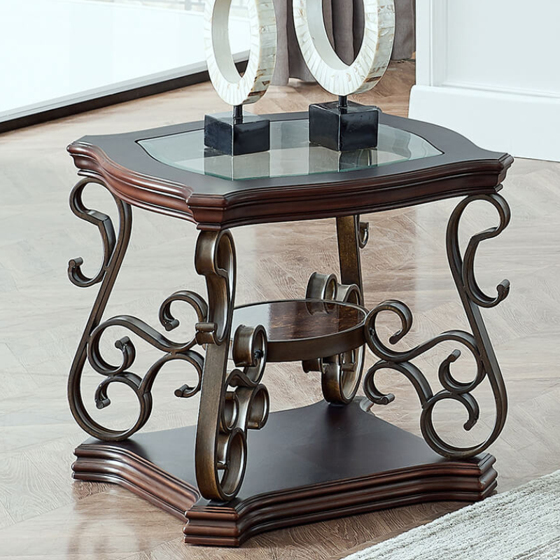 26.3" Traditional End Table with Tempered Glass Top and Middle Shelf